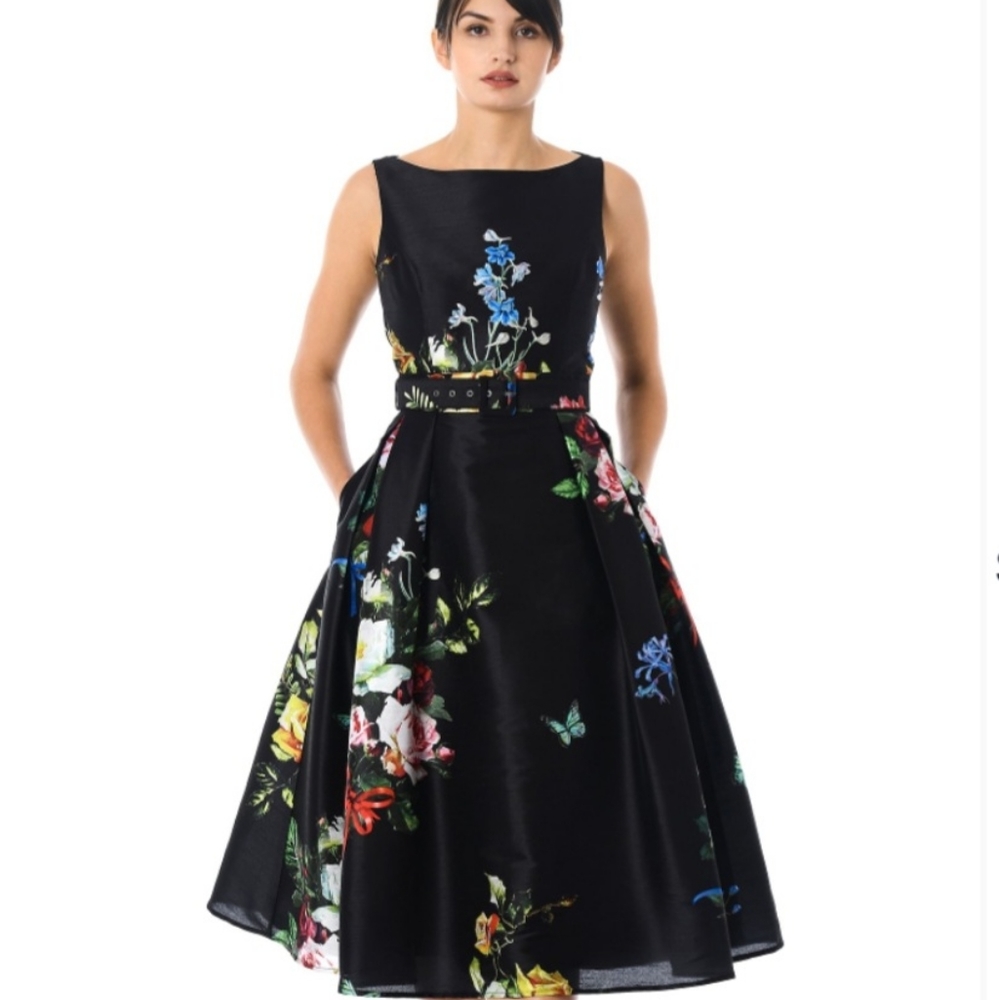 Eshakti black rose print Dupioni belted dress s6 used.